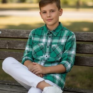 NWOT United Colors Of Benetton Green Checkered Boys Shirt Size 3XL (13-14 yrs.)